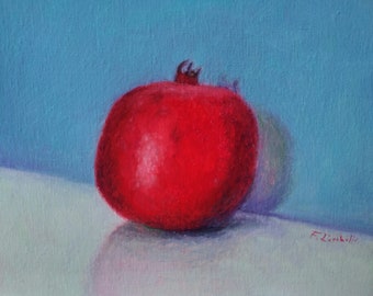 Pomegranate oil painting original still life oil on canvas single pomegranate painting fruit wall art kitchen painting red blue still life