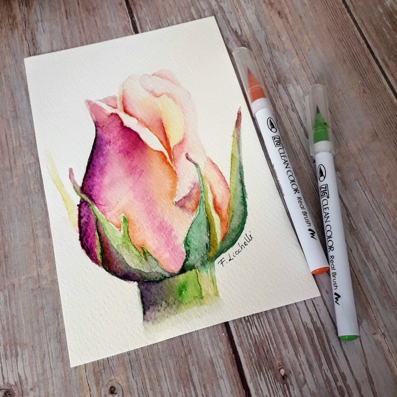 Rosebud watercolor original tiny painting, floral watercolor botanic style, pink orange rose Christmas gift, bedroom decoration peach pink. image 6