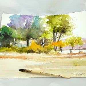 Acquerello paesaggio tradizionale con alberi colorati, immagine autunnale, copia d'autore, acquerello paesaggio alberi, paesaggio campagna.