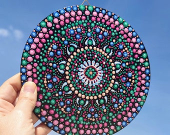 Dot Mandala round original painting hand painted 17 cm mandala black backgroung acrylic painting sacred geometry fine art handmade mandala.