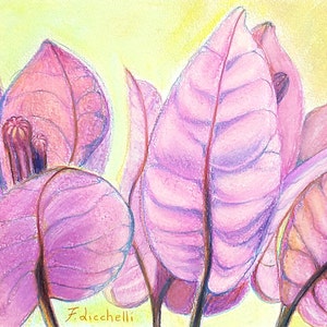 Disegno botanico originale Disegno di bouganvillea Tecnica mista su carta 25 x 18 cm Arte floreale rosa e viola Un'opera d'arte murale floreale rosa unica nel suo genere