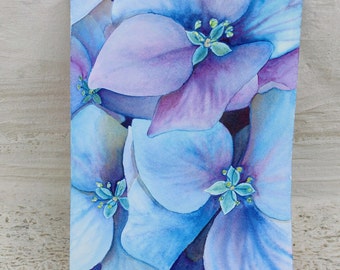 Aquarelle d'hortensias, peinture florale originale, hortensia bleu, peinture florale bleue et violette pour chambre à coucher, aquarelle florale