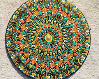 Mandala rond à pois mandala peint à la main mandala à pois mandala original géométrie sacrée mandala vert orange 17 cm peinture d'art mural mandala