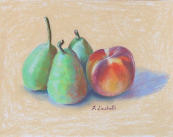 Peinture pastel douce, nature morte, dessin de fruits, pastel, décoration de cuisine, nature morte, peinture champêtre, art de la ferme, poire et pêche.