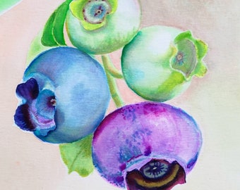 Blueberries watercolor painting blueberry painting original small square watercolor for kitchen still life watercolor branch of blueberry