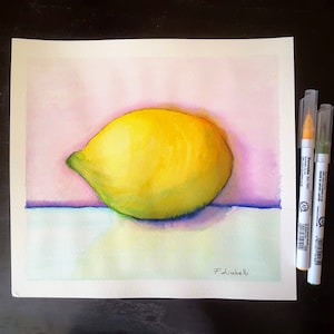 Dipinto ad acquerello originale di limone, illustrazione minimalista di frutta, opera d'arte di agrumi gialli su carta di cotone, natura morta di limone.
