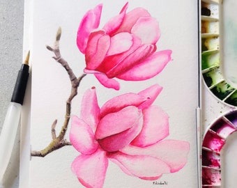 Aquarelle de magnolia, art original, peinture de fleurs de magnolia, art mural de magnolia, petite peinture florale à l'aquarelle, art de branche de magnolia