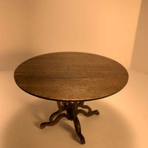 Dollhouse Miniature round table. Art Nouveau Dark brown walnut  finish. 1:12 scale.