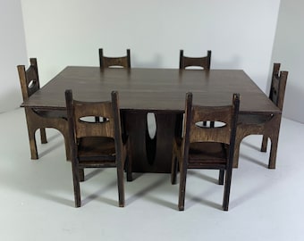 Mesa de comedor y sillas de casa de muñecas en miniatura, estilo moderno de mediados de siglo, hechas a mano (escala 1:12)
