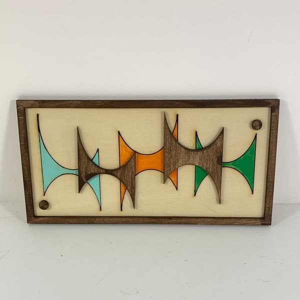 Miniature Mid Century Modern wall art Dollhouse 1:12 scale Atomic / Space  age Framed wood abstract shapes blurbs. Green orange turquoise