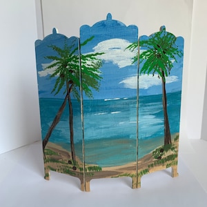 Handmade and hand painted screen room divider  1:12 scale  dollhouse miniature. Beach scene handpainted on birch screen. 6.75” x 6.10” x 1/8
