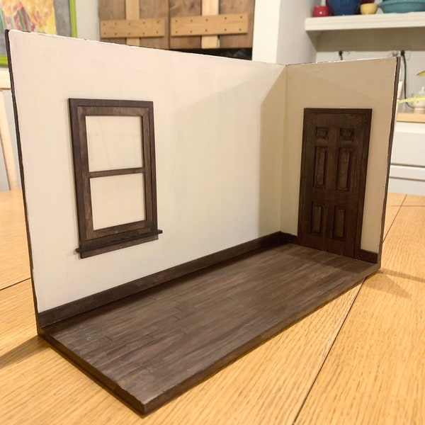 1:12 scale miniatures room shadow box vignette 14x5.5x9.5” wall or table top finishes floors window & door. Doll house Display shelf