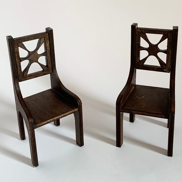 2 Retro 1:12 scale dining/side chairs. Handmade  from Baltic birch. 1.5” x 1.5” x 3”. Retro vibe splash pattern