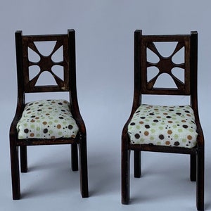 Dollhouse Miniature 2 chairs 1:12 scale . Retro  style chairs with multi colored upholstery.