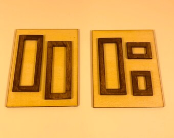Miniatuur moderne muurkunst uit het midden van de eeuw, notenhouten lijsten, 1:12 poppenhuis