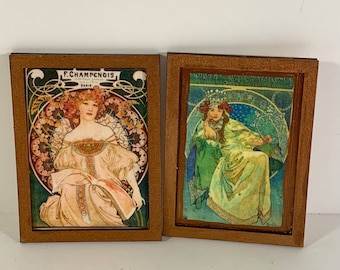 Pair of Art Nouveau / Art Deco Doll house wall art 1:12 scale Lovely ladies framed decoupage on Baltic birch 1  7/8” x 2 1/2”