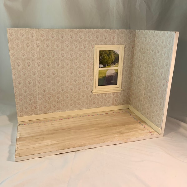 1:12 scale miniatures room shadow box vignette 13 x 5.5x 9.5” - Shabby Chic decor. Dollhouse display case handmade and painted rose border