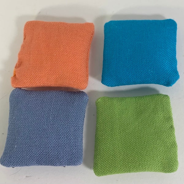 1:12 scale dollhouse miniature throw pillows. Handmade solid colors Coral Orange, Teal, Lime Green, Denim Blue 1” or 1.5” square tiny pillow