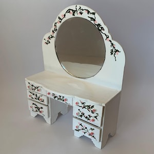 Unique Vanity Dressing Table Art Nouveau white with hand painted pink rose bud garlands. Shabby chic  1:12 scale dollhouse miniatures.