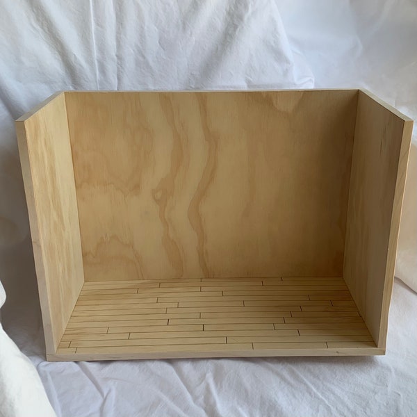 Shadow box room vignette 13”x 5.75”  9.5” Sturdy display shelf for 1:12 scale miniatures. Handmade with engraved flooring. Unfinished