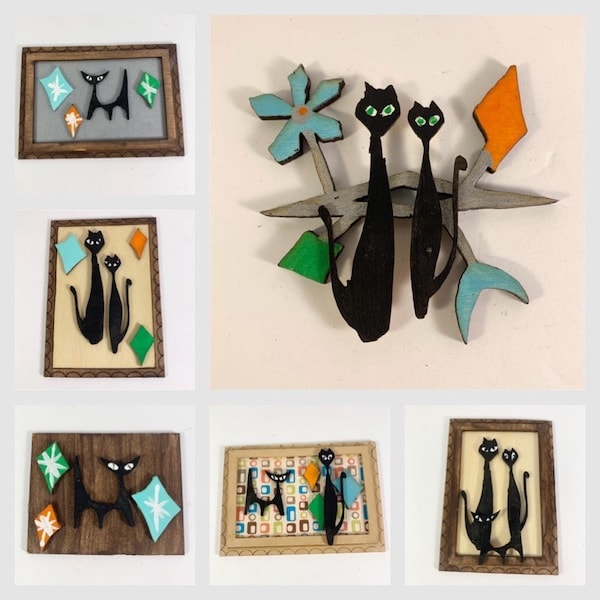 Arte de pared de gato atómico moderno de mediados de siglo en miniatura. Tapices de pared de madera a escala 1:12 gatos negros Su elección 7 diseños
