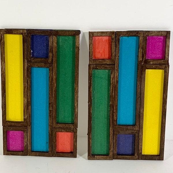 Set of 2 Miniature Mid Century Modern wall art Dollhouse miniatures 1:12 scale Framed color blocks Green orange turquoise, blue, yellow