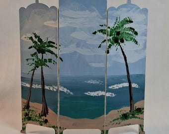 Separador de ambientes en miniatura para casa de muñecas con escena playera pintada a mano, escala 1:12