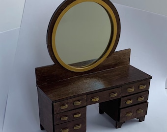 Tocador miniatura hecho a mano: tocador Art Déco para casa de muñecas con espejo.