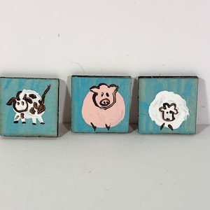 Set of 3 hand painted miniatue plaques farm animals sheep cow pig. 1:12 scale doll house wall art. Country cottage decor