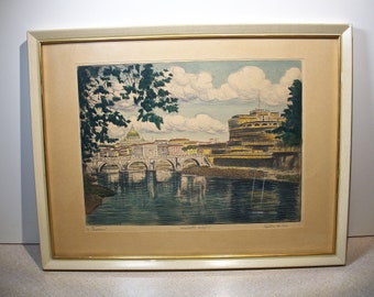Signed Etching Original Etching by Italian Artist Antonio Carbonati Gianicola Hill Rome