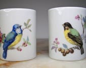 Birds on White Porcelain Candlesticks Set of Two, Blue Bird, Green Bird, Flowering Branches, West Germany, Funny Design, Three Candle Sizes