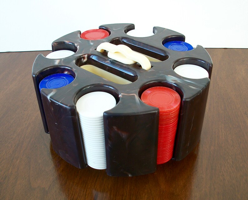 Eight Poker Chip Sleeves Red White Blue Chips Marbled Plastic Poker Chip Caddy Plastic Handle Two Card Deck Cubbies Poker Chip Carousel