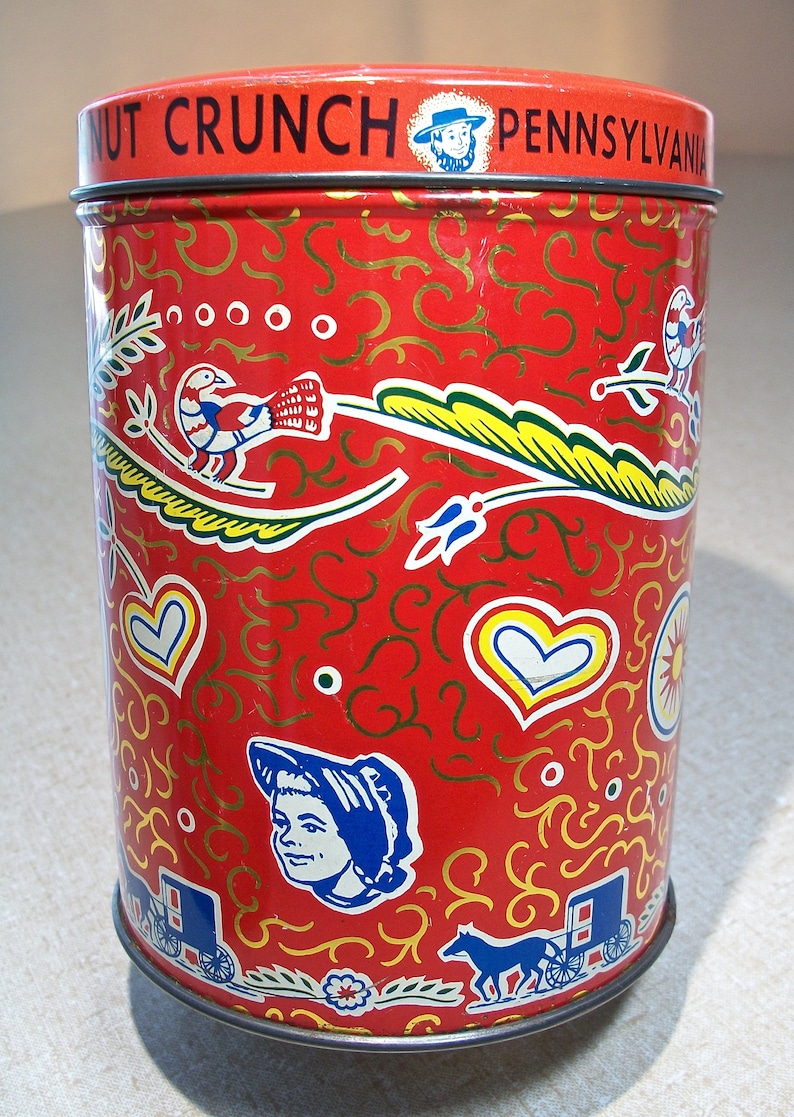 Brittle Hearts Distelfinks German Folk Art Folk Art Stars Holly Springs Birds Tulips Circles Pennsylvania Dutch Peanut Crunch Tin