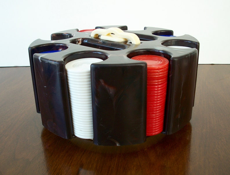 Eight Poker Chip Sleeves Red White Blue Chips Marbled Plastic Poker Chip Caddy Plastic Handle Two Card Deck Cubbies Poker Chip Carousel