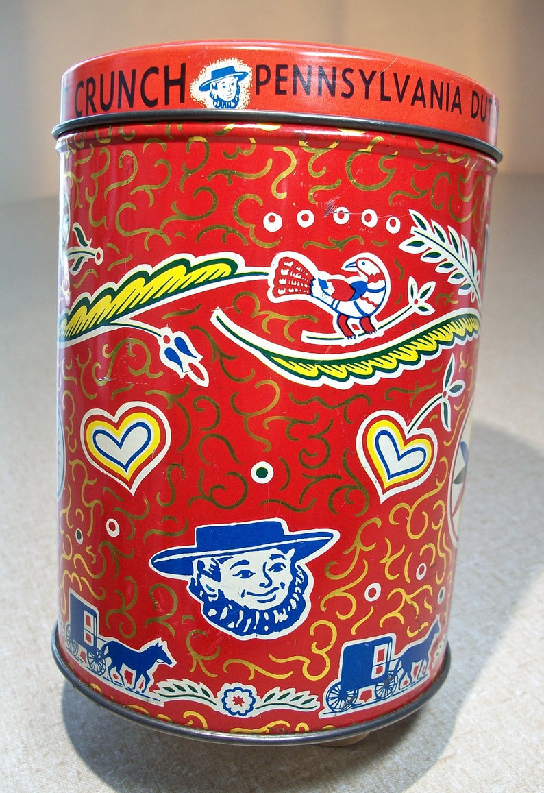 Brittle Hearts Distelfinks German Folk Art Folk Art Stars Holly Springs Birds Tulips Circles Pennsylvania Dutch Peanut Crunch Tin