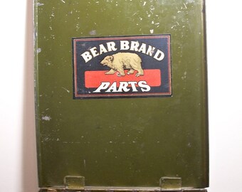 Bear Brand Parts Green Metal Box with Handle! Well Used Appearance, Some Arrested Rust, Worn Army Green Finish, Bear Brand Parts Label