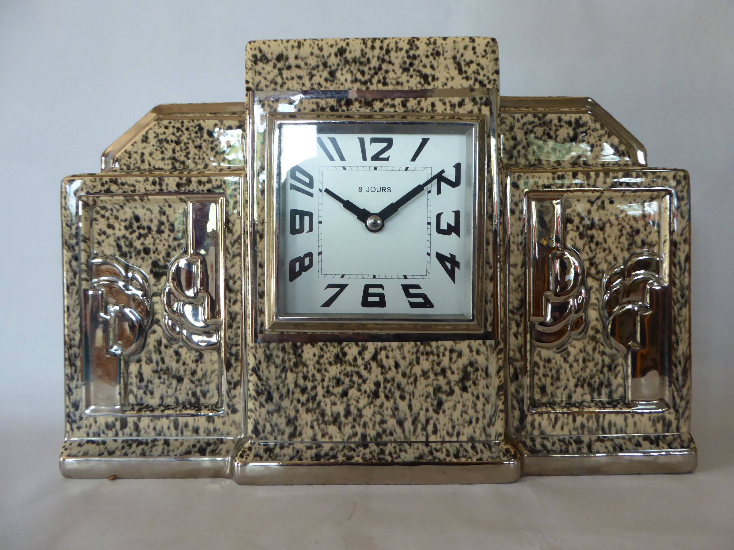 Vintage Français Effet Marbré Céramique Art Déco Mantlepiece Horloge avec Cadran Carré 0621044-1903
