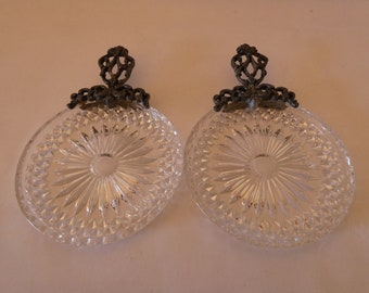 Pair of Vintage Cut Glass Pin Dishes with Ornate Metal Handle 0122043-2169  No free shipping to USA