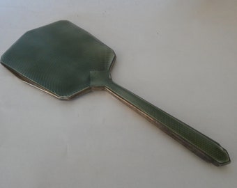 Vintage British Art Deco Silver Hand Mirror with Green Enamelled Back 0323008-2589