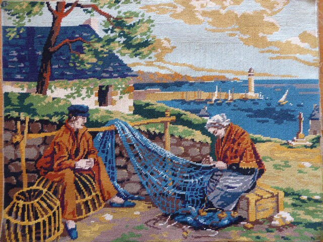 Vintage Français Tapisserie Fisherfolk, Cousue à La Main, Scène Rustique, Mur Suspendu, Décor Maison