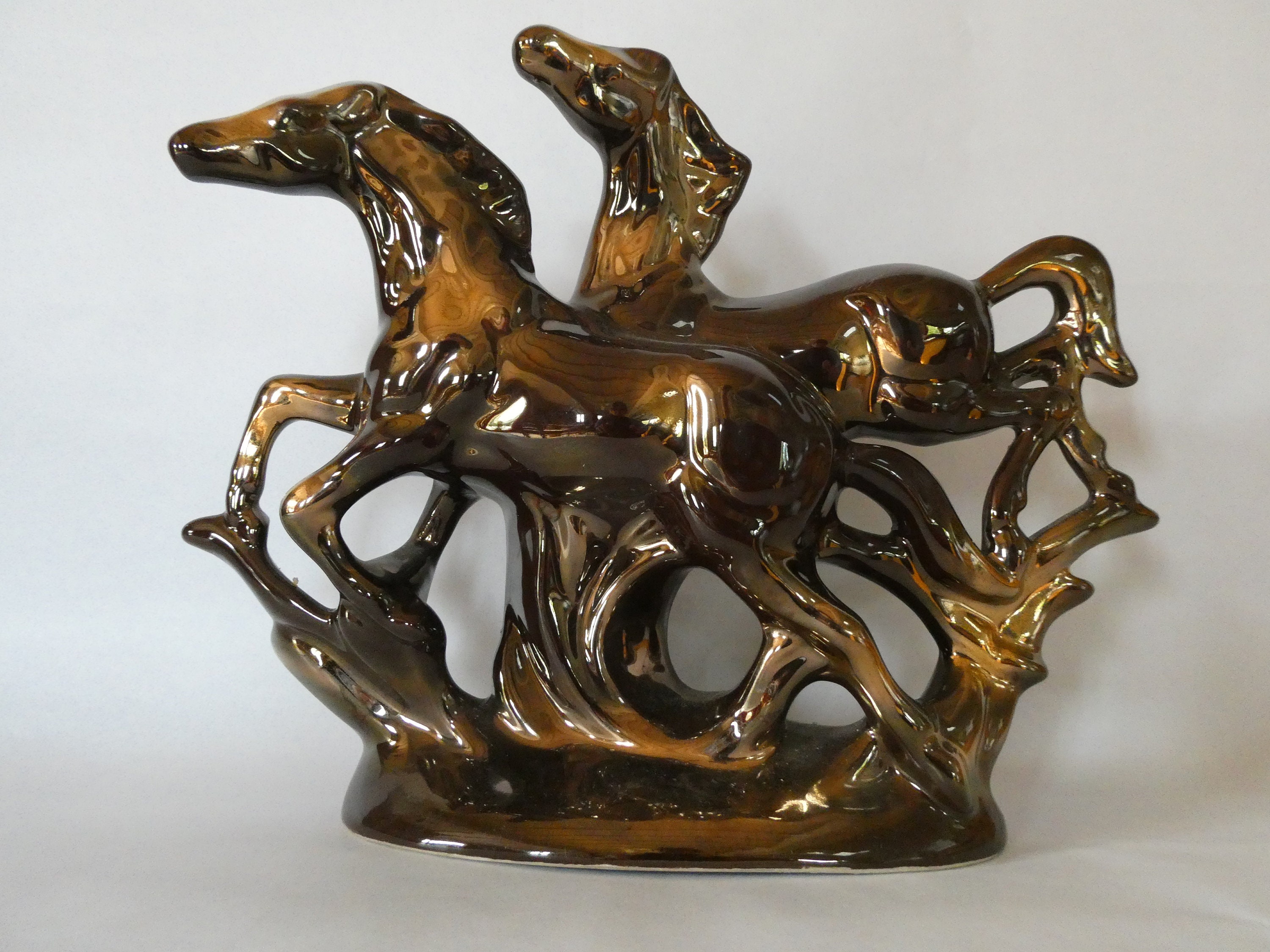 Vintage Français Ornement Marron et Or avec Deux Chevaux 0222013-2198