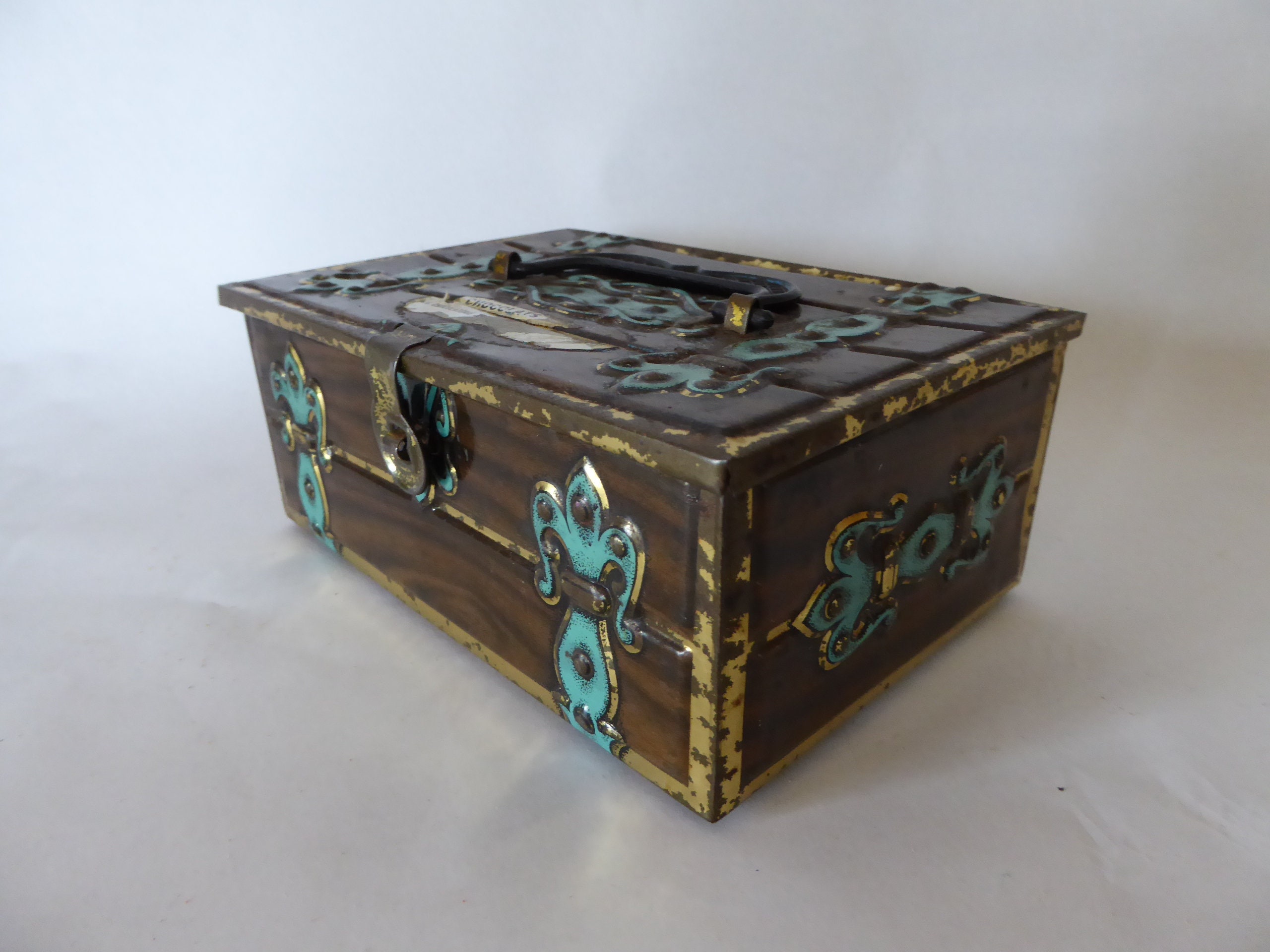 Vintage Français Chocolats Étain Turquoise et Marron avec Poignée 0221013-1626
