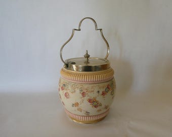 Victorian English Ceramic Biscuit Barrel with Silver Plated Hinged Lid 0624001-2860  No free shipping to USA