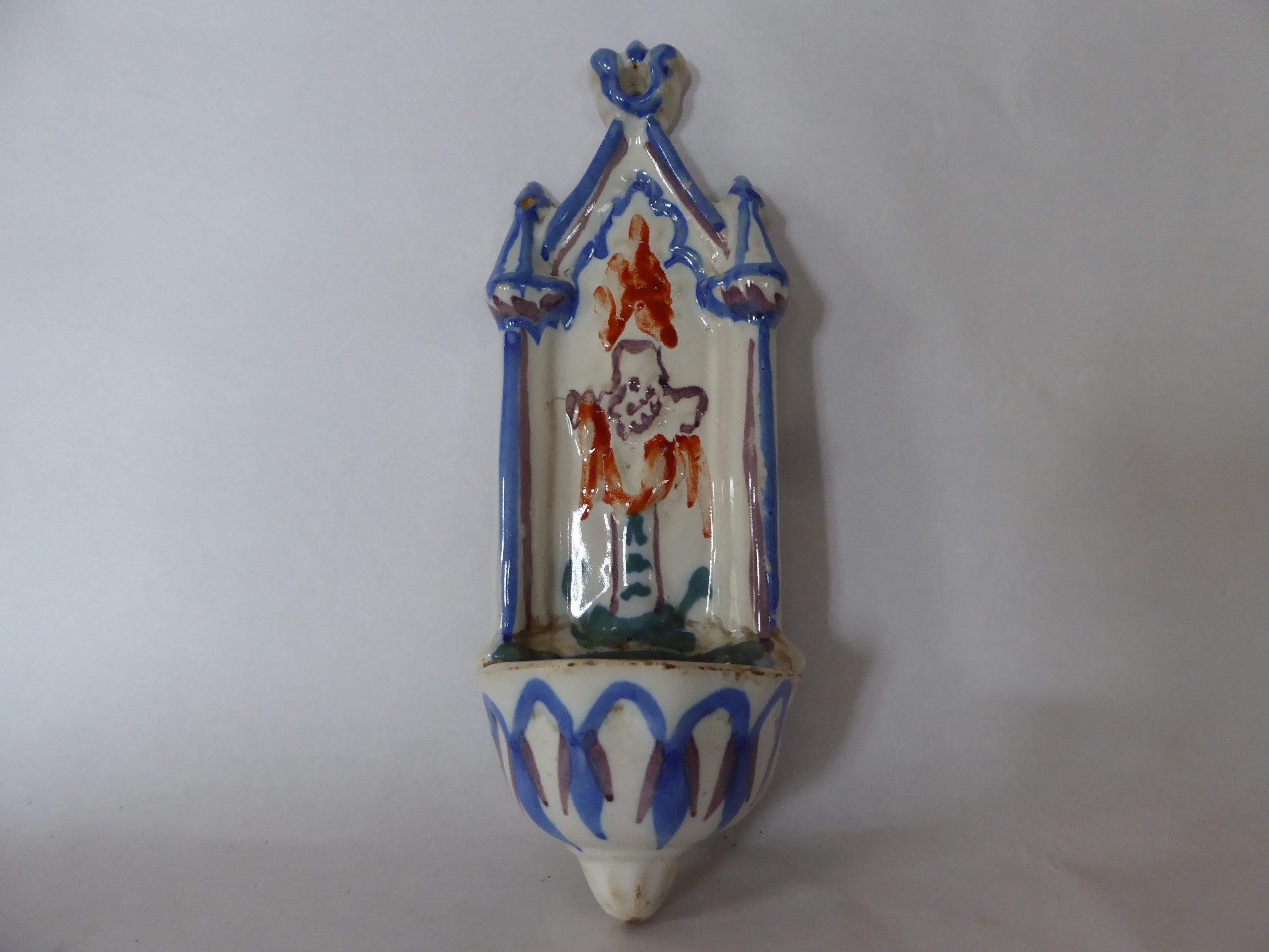 Vintage Français Céramique Peinte à La Main Mur Suspendu Benitier Holy Font 0421021-1720