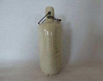 Vintage French Cream Glazed Stoneware Triangular Bottle with Wire Clip Fastening and Stopper 0320016-950