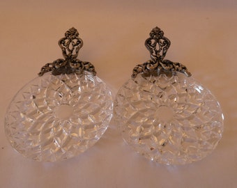 Pair of Vintage Cut Glass Pin Dishes with Ornate Metal Handle 0122042-2168  No free shipping to USA