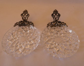 Pair of Vintage Cut Glass Pin Dishes with Ornate Metal Handle 0122042-2168