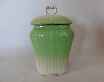 Antique French Ribbed Storage Jar in Green and White with Lid and Cartouche 4020011-963 Please request shipping cost for USA