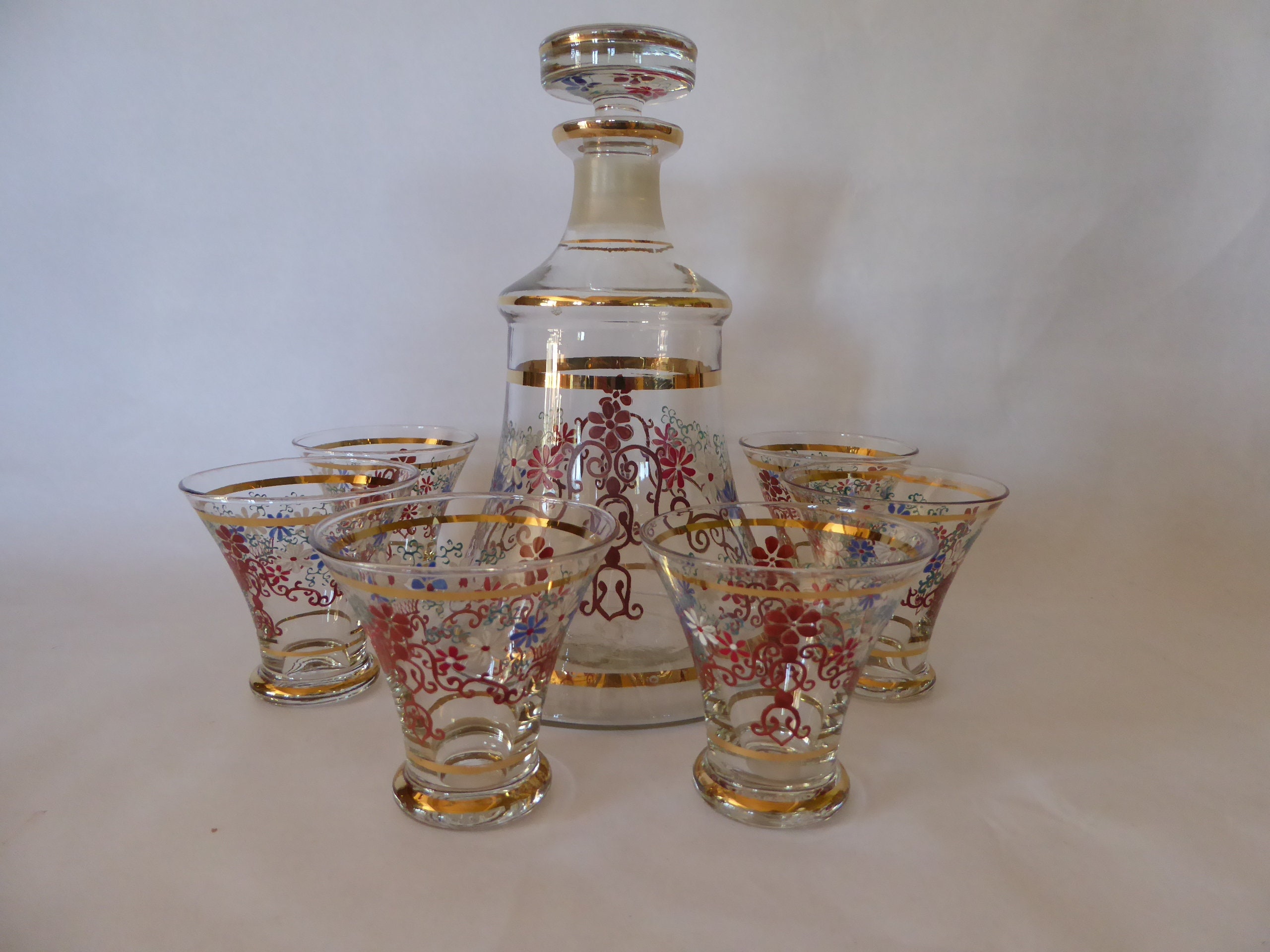 Set de Liqueur Verre Vintage Français Comprenant Une Carafe et 6 Verres Peints à La Main avec Des Ma