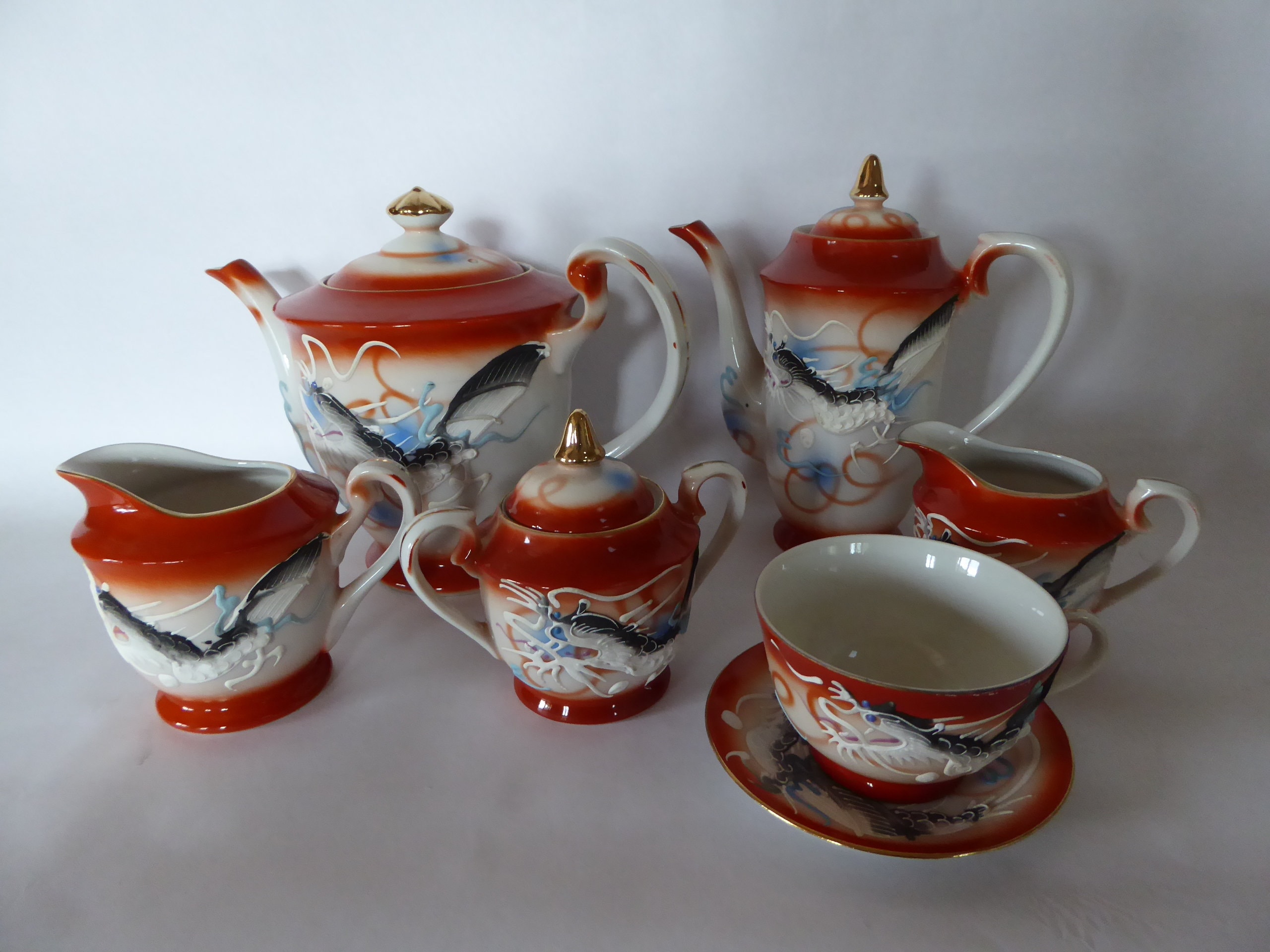 Vintage Japonais Burnt Orange Lustre Dragonware Coffee & Tea Set 10 Pièces 0121001-1483